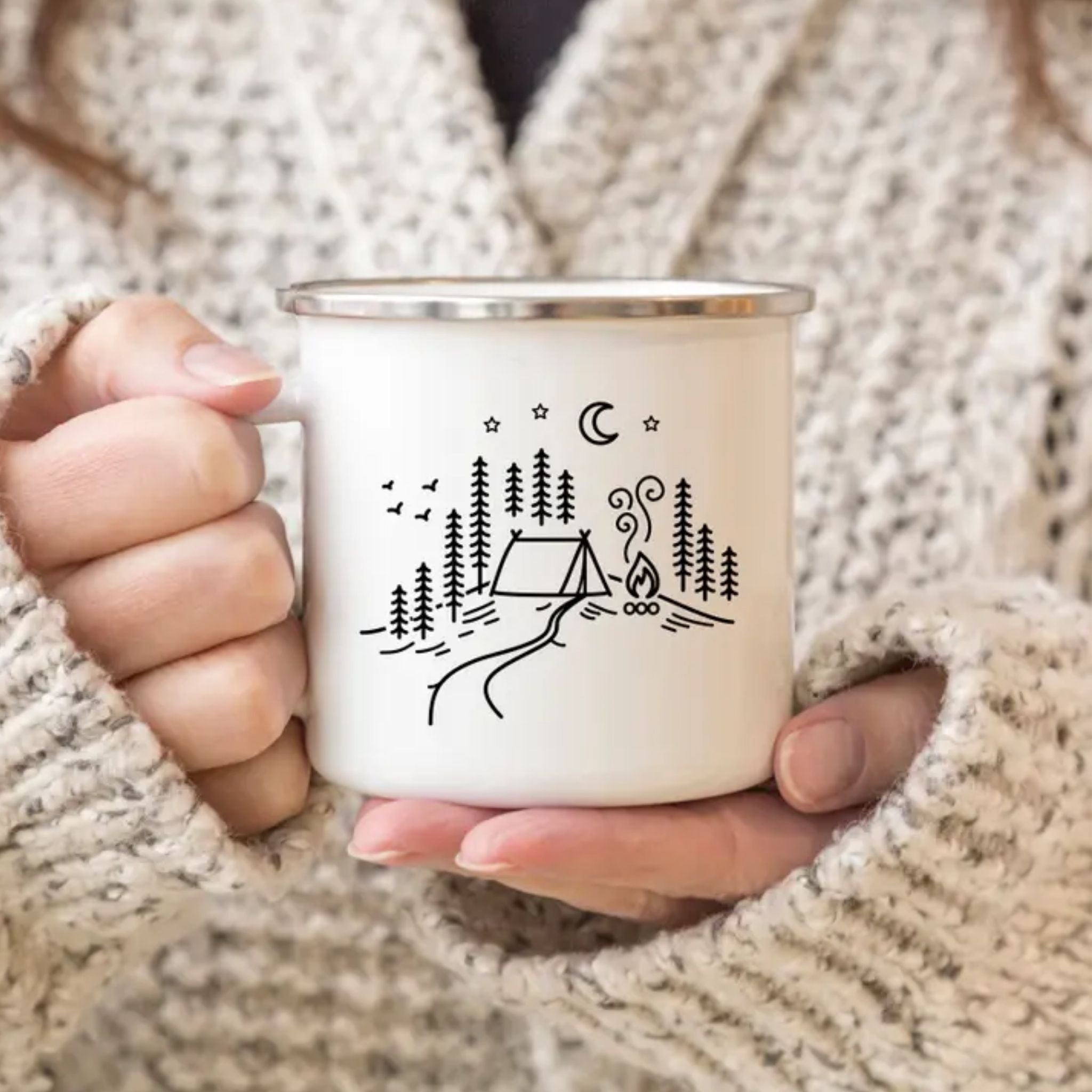 Mug blanc Alaska en émail avec bord en aluminium anti-brulûres